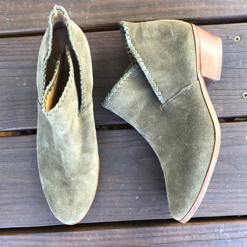 9.5 Jack Rogers Green/Brown Olive Ankle Boots Suede Leather Booties Slip On